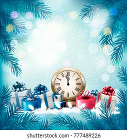 Holiday Christmas background with a gift boxes and clock. Vector. 