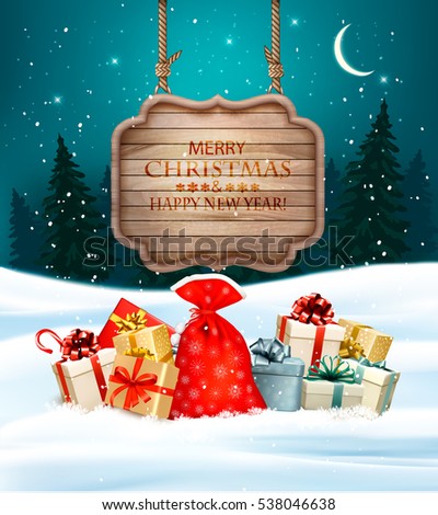Holiday Christmas background with gift boxes and wooden sign. Vector