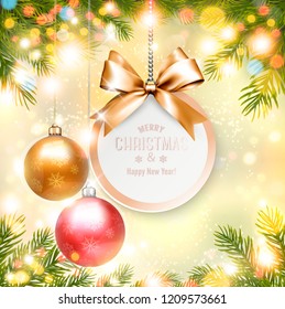 Holiday Christmas background with gift card and a colorful balls. Vector.