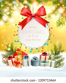 Holiday Christmas background with a gift card and a presents. Vector