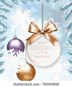 Holiday Christmas background with a gift card and a colorful balls. Vector