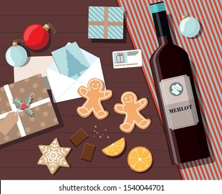 Holiday christmas background with gifts, cookies, greeting card and christmas ball. Top view. Vector Ilustration 