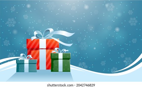 Holiday Christmas background. Gifts in the snow with snowflakes. Decorative design of the greeting card. Vector illustration.
