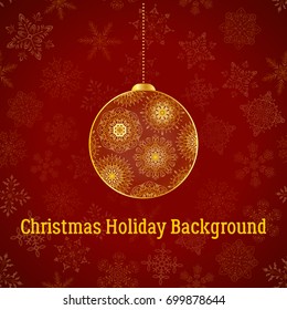 Holiday Christmas Background, Golden Decorated Ball on Red Pattern with Snowflakes, Illustration for Your Design. Eps10, Contains Transparencies. Vector