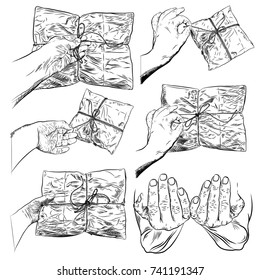 Holiday Christmas background with hands holding or opening gift box. Concept of giving presents. Holiday shopping, Boxing day, Birthday, Black Friday. Vector