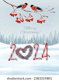 Holiday Christmas background and Happy New Year with red bullfinches on branch of a christmas tree and 2024 numbers. Vector