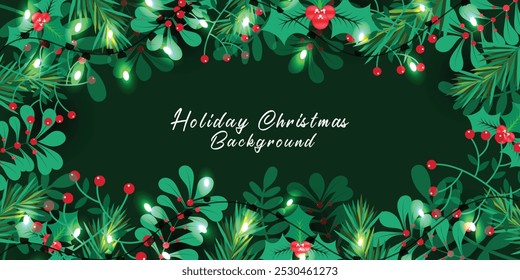 Holiday Christmas Background with Mistletoe Branches, Pine tree and Berries