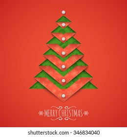 Holiday Christmas background. Paper cut out Christmas tree and text. Greeting card vector template. 