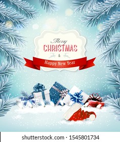 Holiday Christmas background with a presents and branches of tree. Vector.