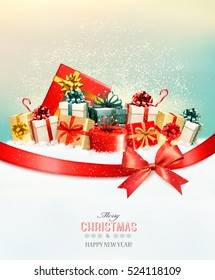 Holiday Christmas background with presents.and a gift bow. Vector