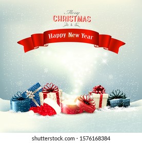 Holiday Christmas background with a presents and a magic box. Vector