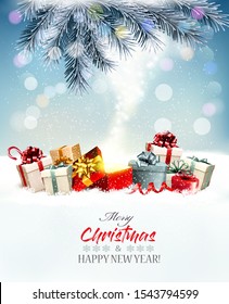 Holiday Christmas background with a red magic box and gift boxes and branches of tree. Vector.