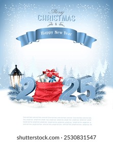 Holiday Christmas background with a red sack full presents and  2025. Vector. 