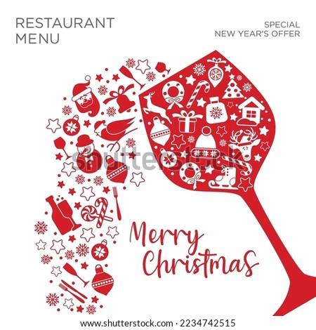 Holiday christmas background restaurant Menu with glass of wine, new year icon in red glasess. Vector christmas design card.