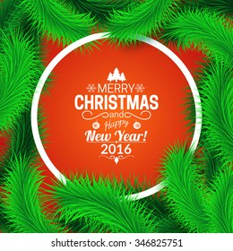 Holiday Christmas background. Round shape and fir tree decorations. Greeting card vector template. 