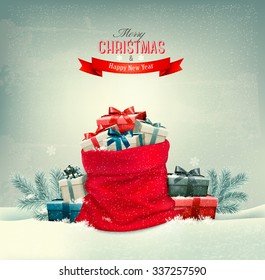 Holiday Christmas background with a sack full of gift boxes. Vector. 