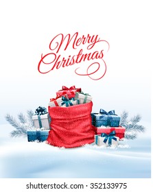 Holiday Christmas background with a sack full of gift boxes. Vector.