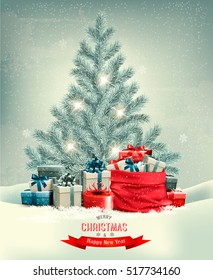 Holiday Christmas background with a sack full of gift boxes and Christmas tree. Vector.