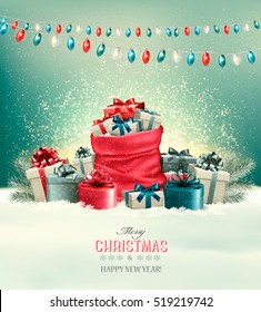 Holiday Christmas background with a sack full of gift boxes and garland. Vector
