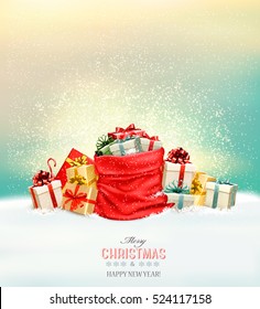 Holiday Christmas background with a sack full of gift boxes. Vector