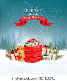 Holiday Christmas background with a sack full of gift boxes. Vector