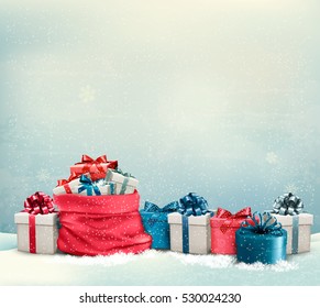 Holiday Christmas background with a sack full of gift boxes. Vector