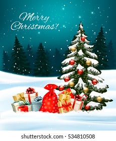 Holiday Christmas background with a sack full of gift boxes and Christmas tree. Vector.
