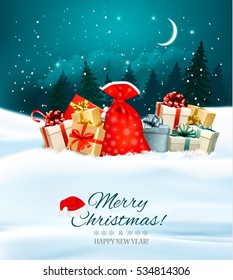 Holiday Christmas background with a sack full of gift boxes. Vector