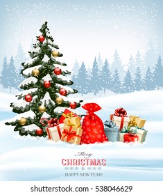 Holiday Christmas background with a sack full of gift boxes and Christmas tree. Vector.