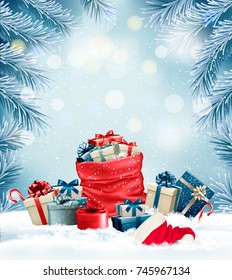 Holiday Christmas background with a sack full of gift boxes and branches of tree. Vector.