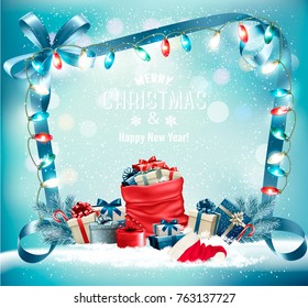 Holiday Christmas background with a sack full of gift boxes and garland. Vector.