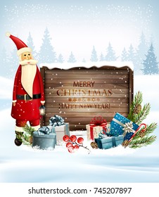 Holiday Christmas background with Santa Claus and a gift boxes and wooden sign. Vector
