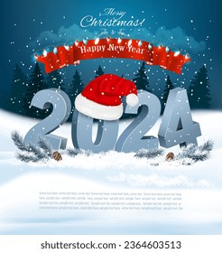 Holiday Christmas background with Santa Hat and a 2024 blue bold numbers. Vector