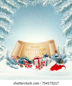 Holiday Christmas background with Santa Hat and a gift boxes and old paper. Vector