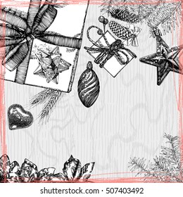 Holiday Christmas background table with gift boxes and toys. Wrapped gifts. Black and white hand drawn card with space for invitation text. Vector. 