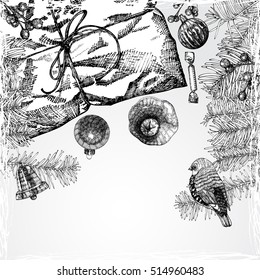Holiday Christmas background table with gift boxes and toys. Wrapped gifts. Black and white hand drawn card with space for invitation text. Vector. 