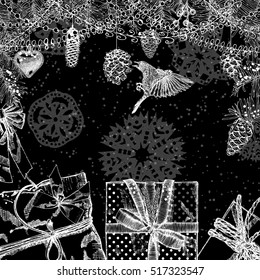 Holiday Christmas background table with gift boxes and toys. Wrapped gifts. Black and white hand drawn card with space for invitation text. Snowflakes and sparkles on the back. Vector. 