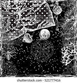 Holiday Christmas background table with gift boxes and toys. Wrapped gifts. Black and white hand drawn card with space for invitation text. Snowflakes and sparkles on the back. Vector. 