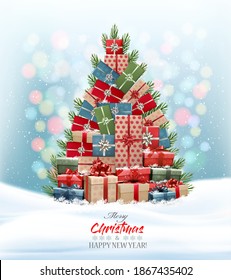 Holiday Christmas background with Christmas tree made out of colorful gift boxes and presents. Vector illustration