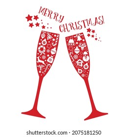 Holiday christmas background with two glasses of wine, new year icon in red glasess. Vector christmas design card.