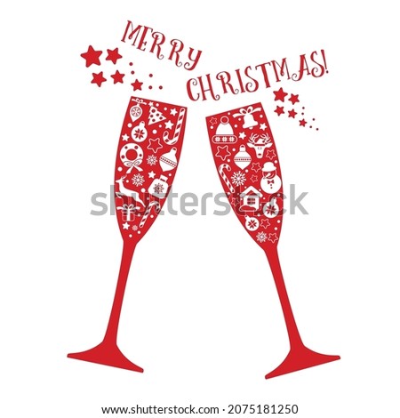 Holiday christmas background with two glasses of wine, new year icon in red glasess. Vector christmas design card.