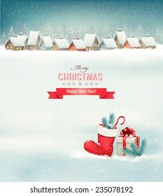 Holiday Christmas background with a village, a boot and a gift box. Vector. 