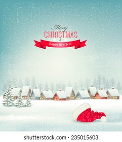 Holiday Christmas Background With A Village And A Santa Hat. Vector. 