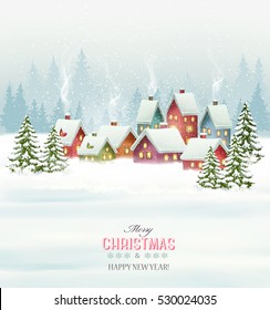 Holiday Christmas background with a village and  trees. Vector. 