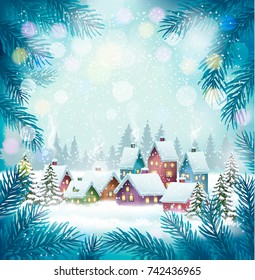 Holiday Christmas background with a village and  trees. Vector. 