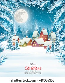 Holiday Christmas Background With A Village And  Trees. Vector. 