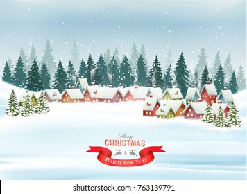 Holiday Christmas background with a village and  trees. Vector. 