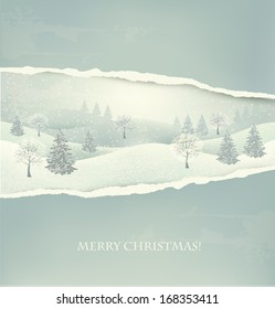 Holiday christmas background with winter landscape and ripped paper. Vector. 