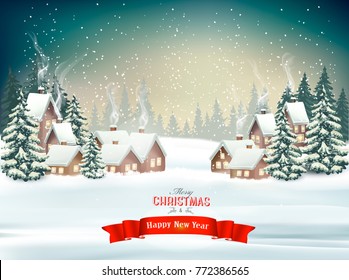 Holiday Christmas Background With A Winter Village And  Trees. Vector. 