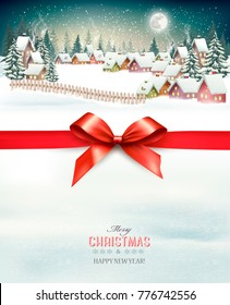 Holiday Christmas background with a winter village and  red bow. Vector. 